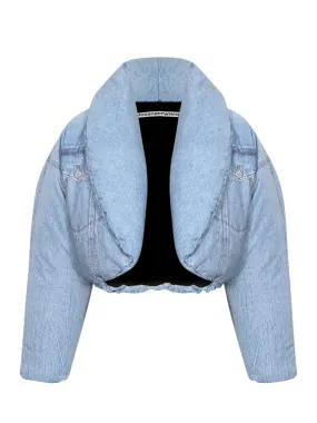 Printed Denim Cropped Puffer Jacket (Vintage Faded Indigo)