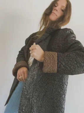 Reversible Crinkle Quilted Coat, Brown   Black