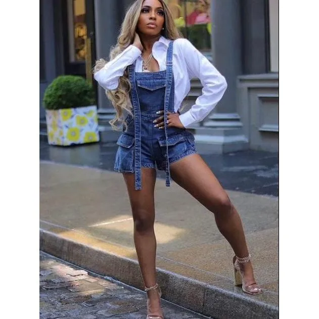 Sleeveless Denim Cargo Short Jumpsuit