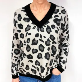Slouchy Grey Leopard Cashmere V-Neck Jumper Medium
