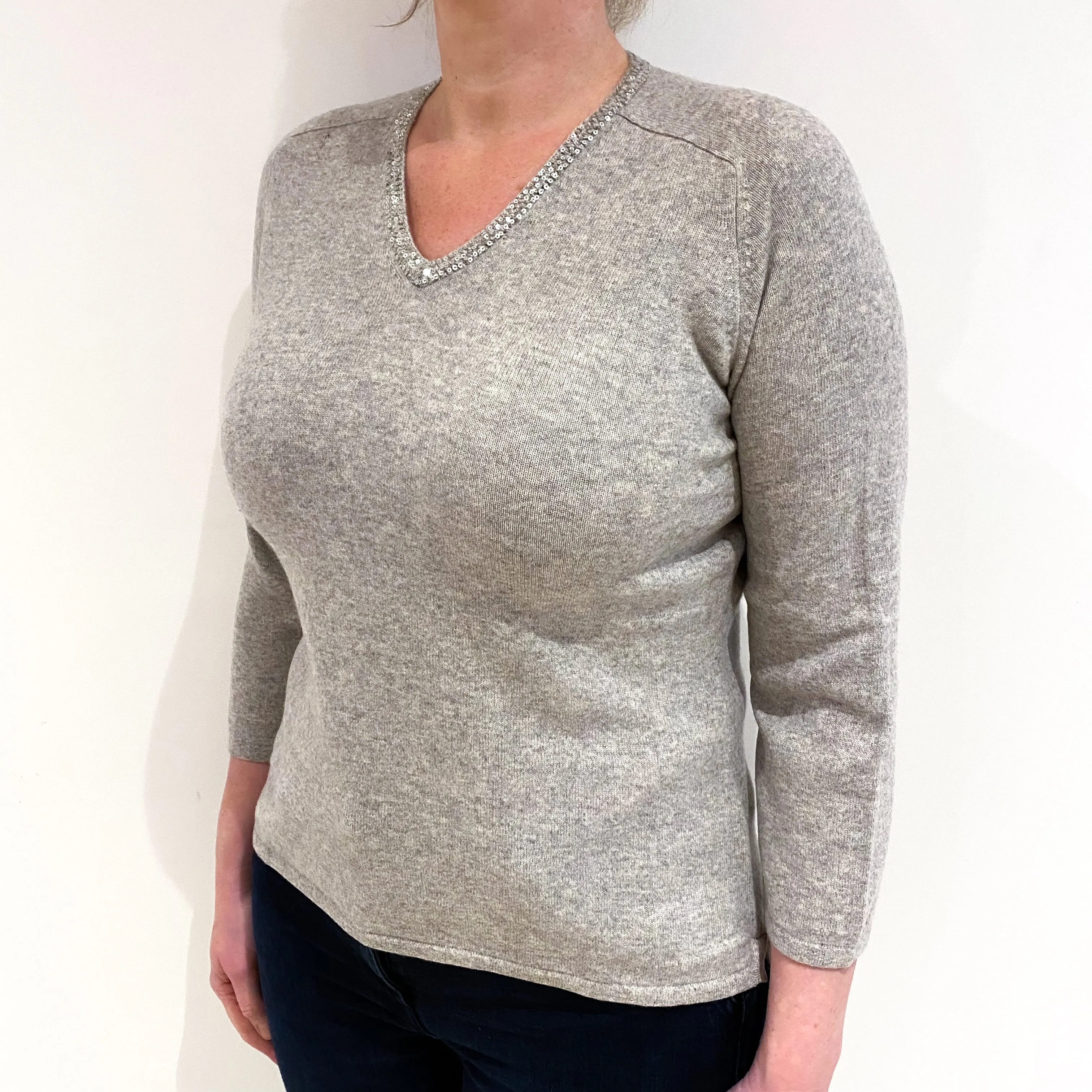 Smoke Grey Sequinned Cashmere V-Neck Jumper Large