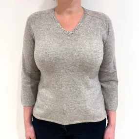 Smoke Grey Sequinned Cashmere V-Neck Jumper Large