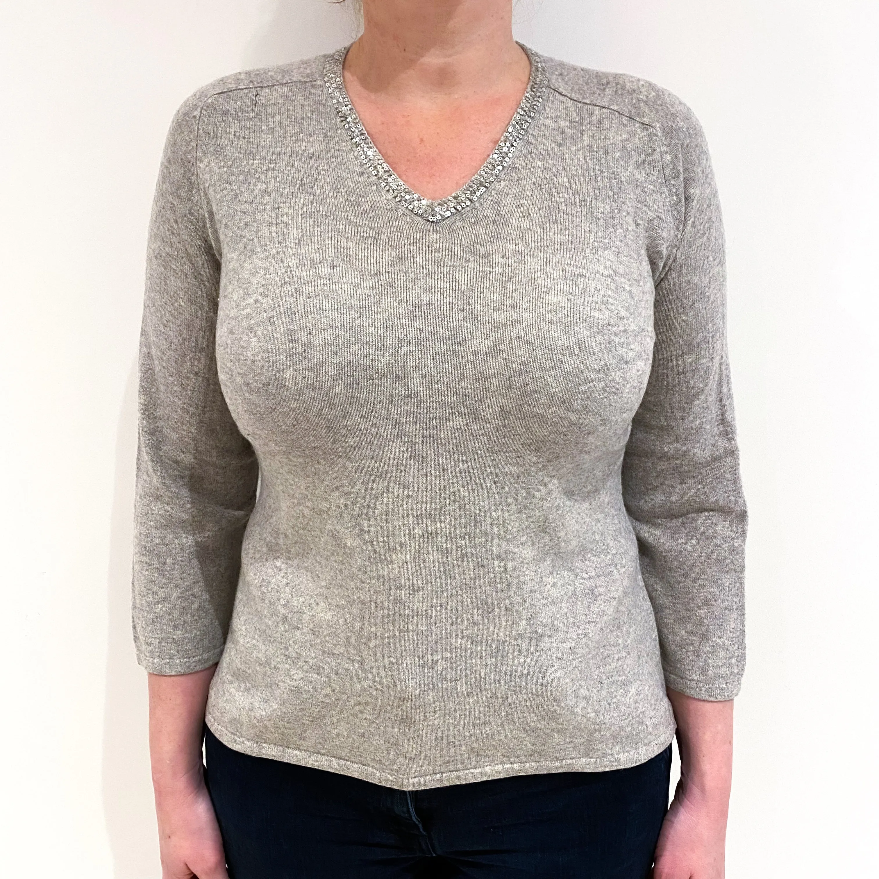Smoke Grey Sequinned Cashmere V-Neck Jumper Large