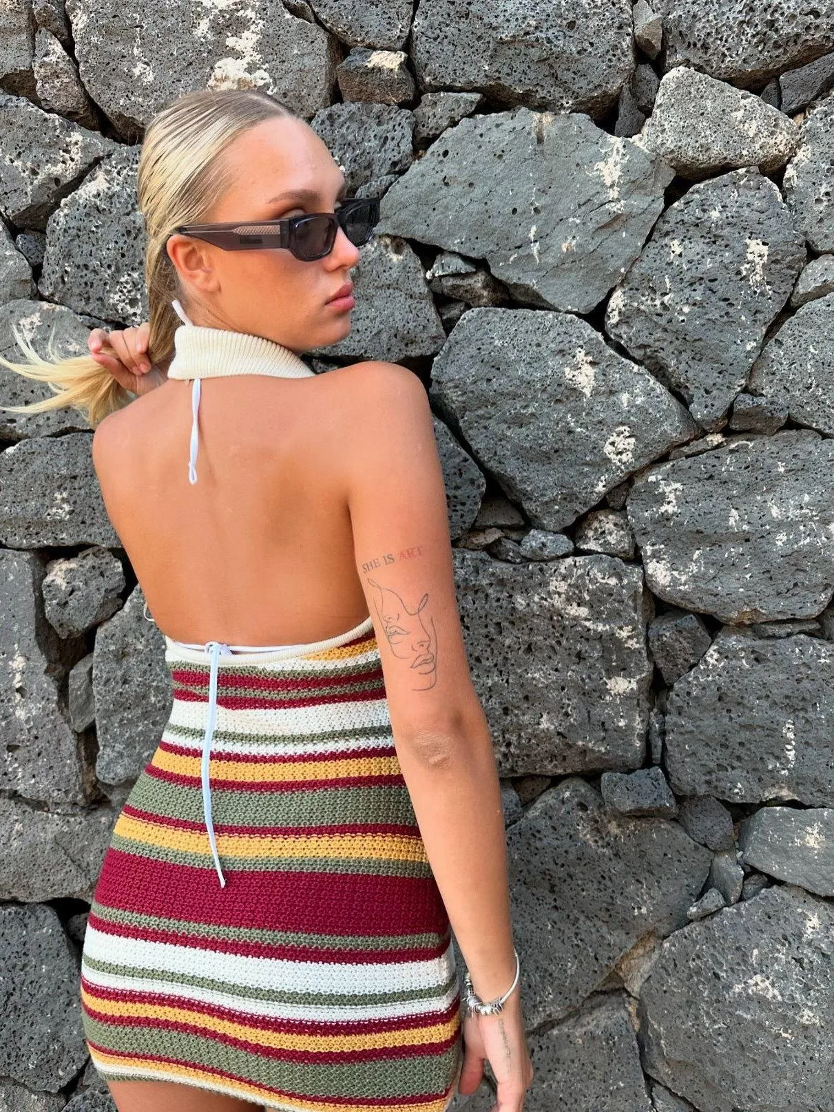 Spiti Halterneck Knitted Striped Bodycon Dress