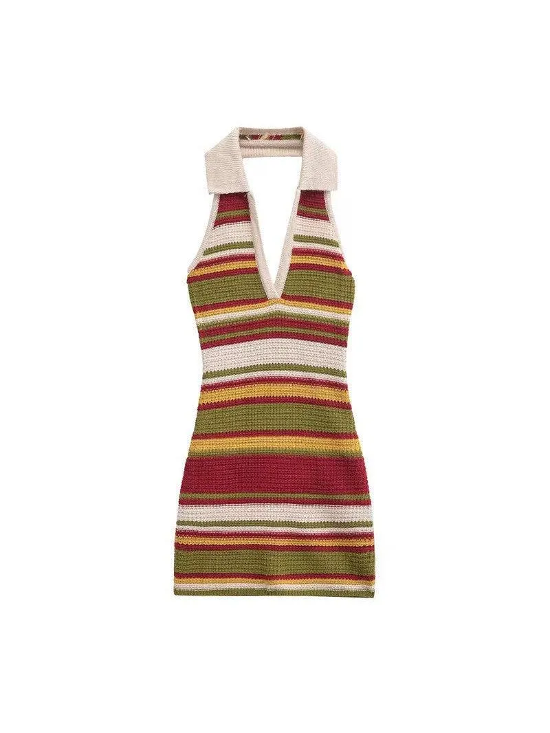 Spiti Halterneck Knitted Striped Bodycon Dress