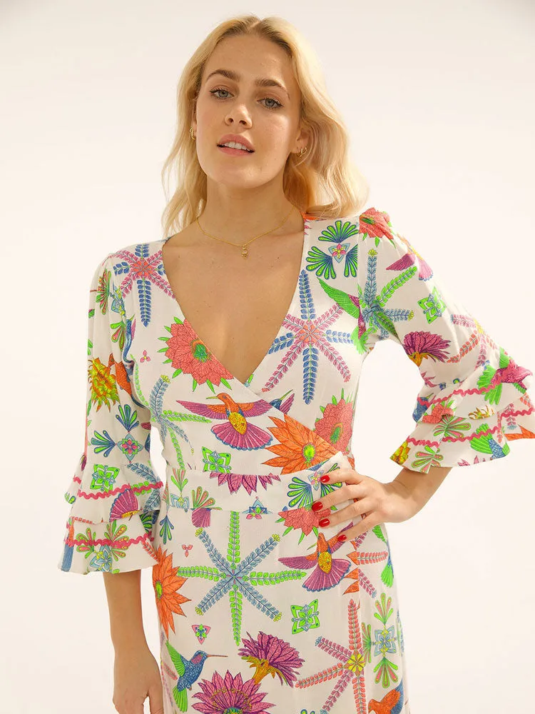 Stardust Joni Wrap Dress Moss White Hummingbird