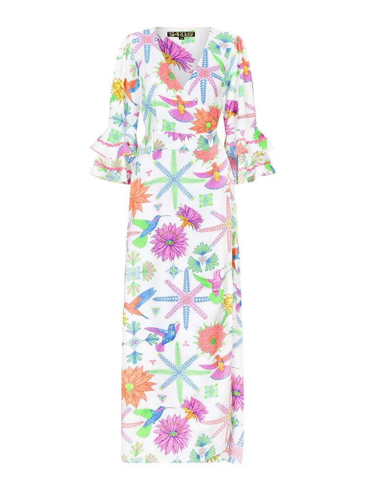 Stardust Joni Wrap Dress Moss White Hummingbird