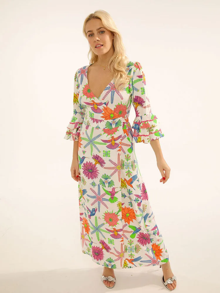 Stardust Joni Wrap Dress Moss White Hummingbird