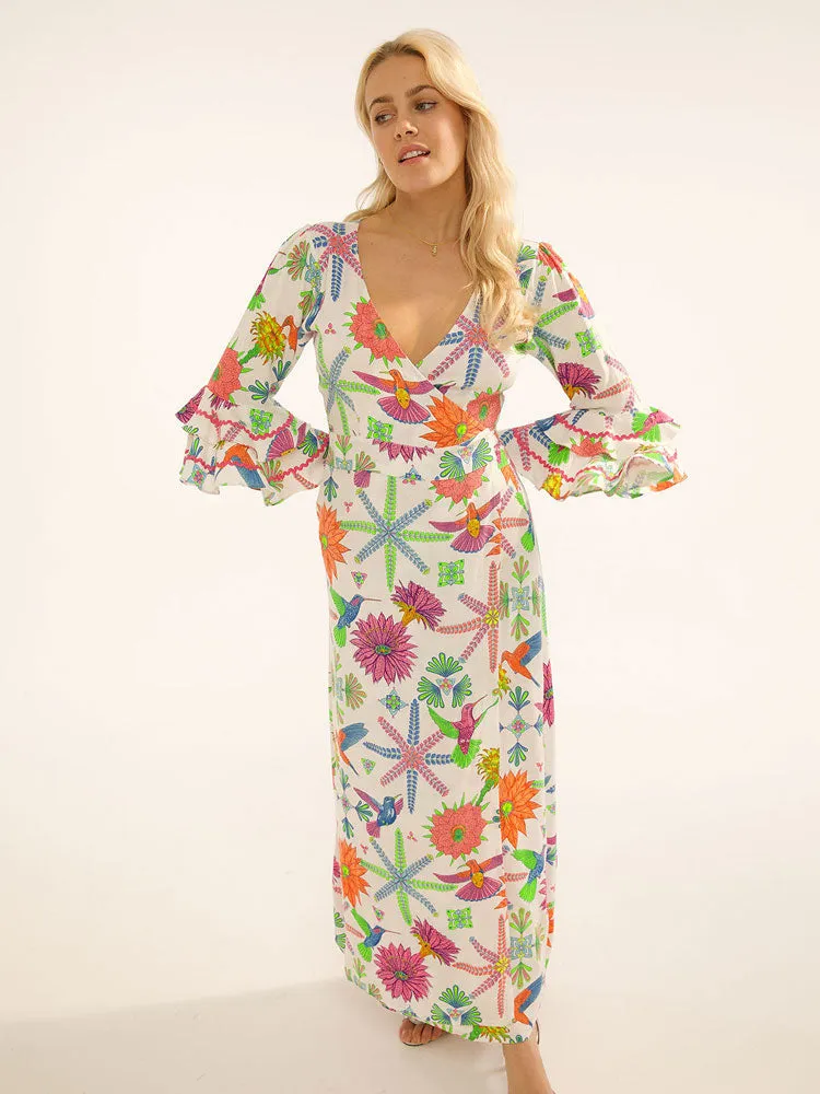 Stardust Joni Wrap Dress Moss White Hummingbird