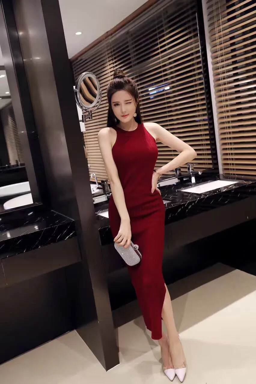 Summer Korean Round-Neck Sleeveless Halter Slim Look Hip Flattering Knitted Stretchable Splitted Mid-Length Dress Formal Dress
