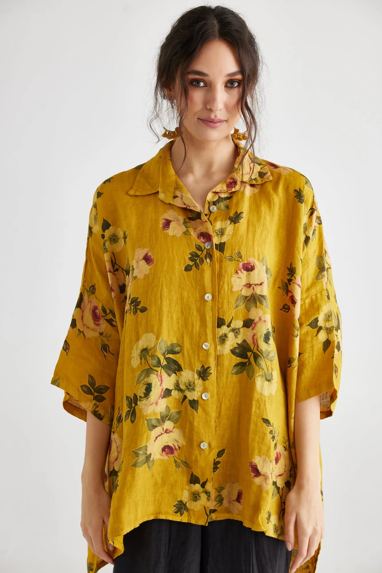 Teddy Floral linen shirt. Mustard