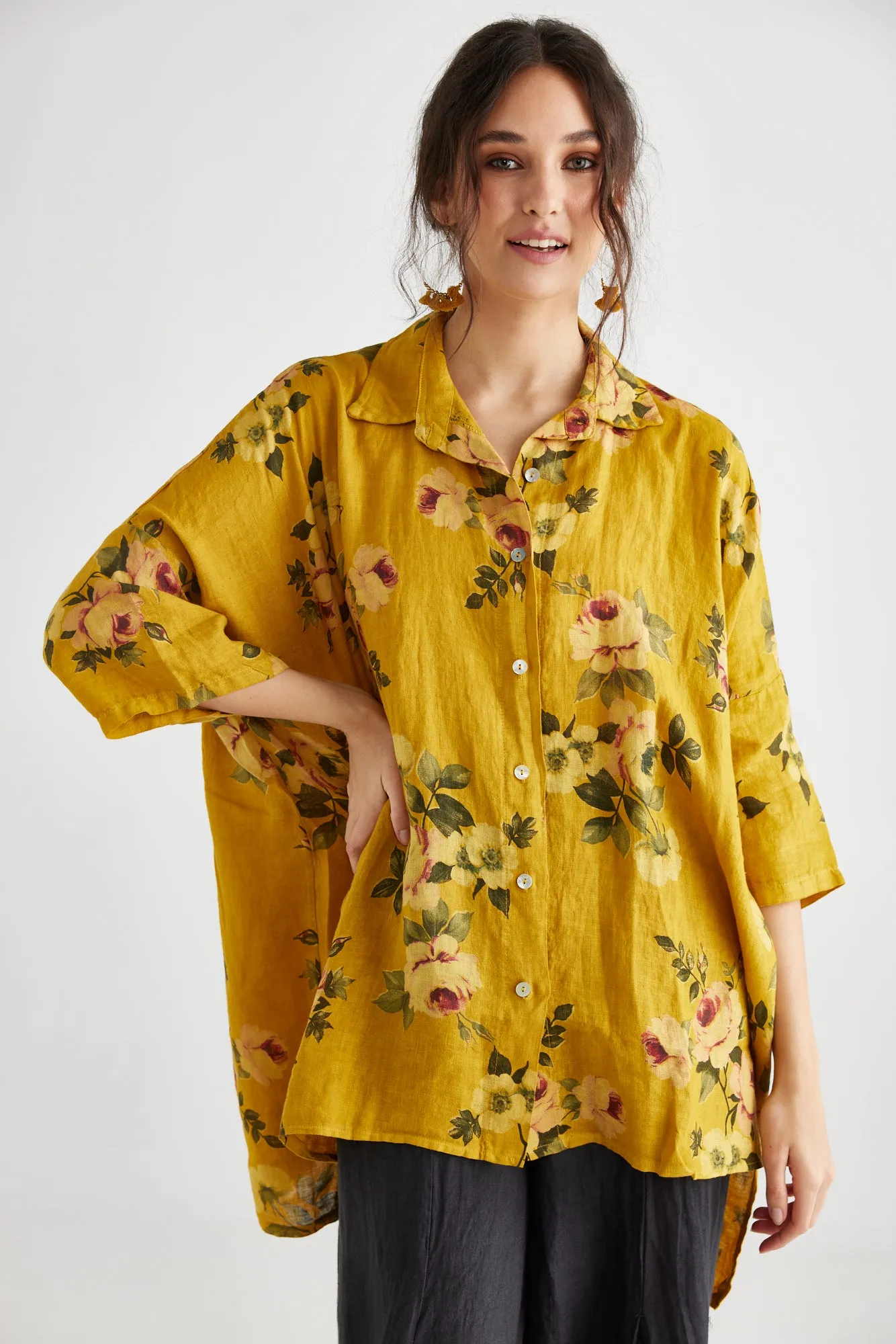 Teddy Floral linen shirt. Mustard