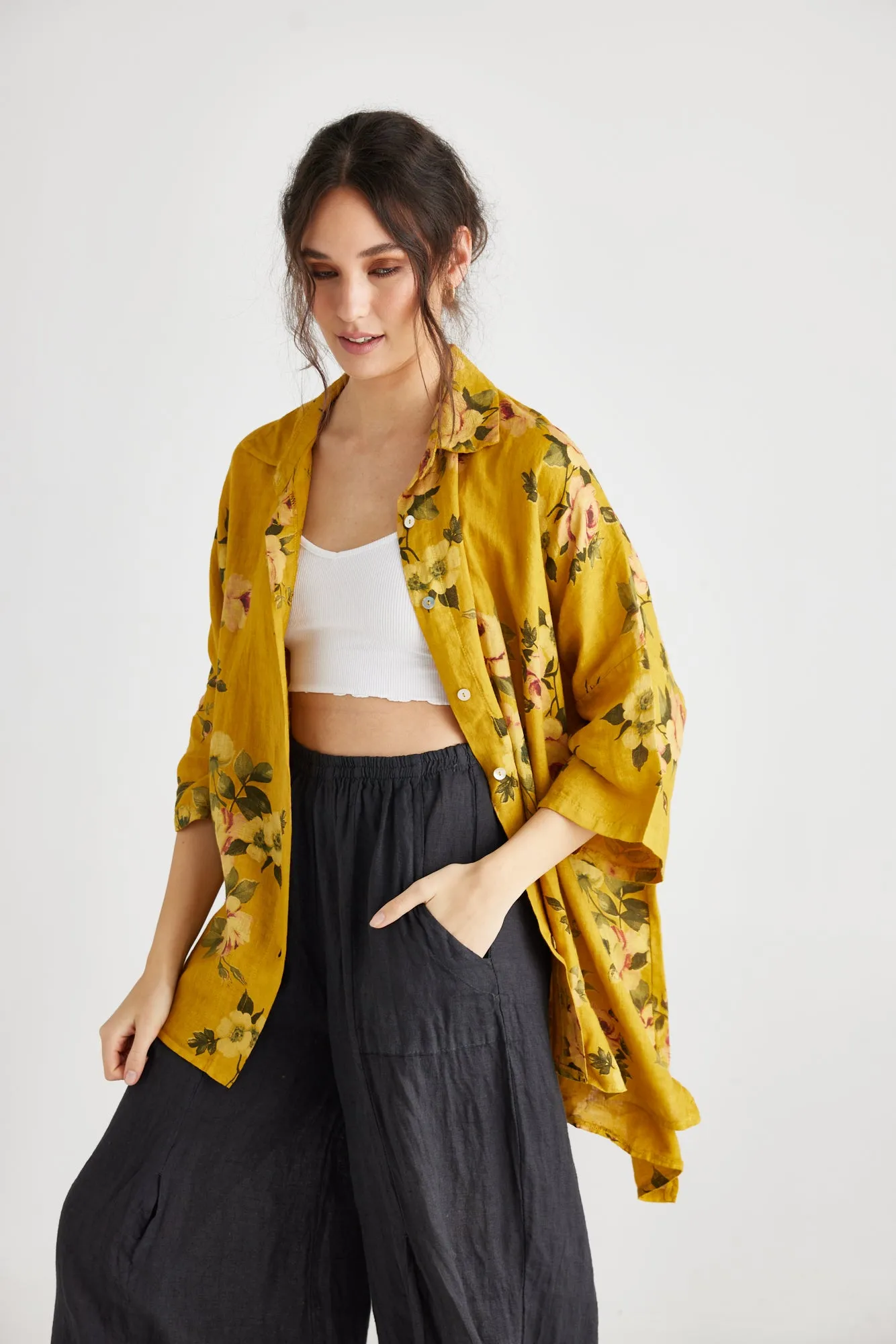Teddy Floral linen shirt. Mustard