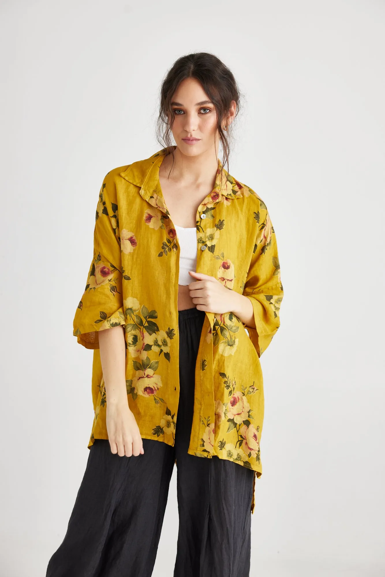 Teddy Floral linen shirt. Mustard