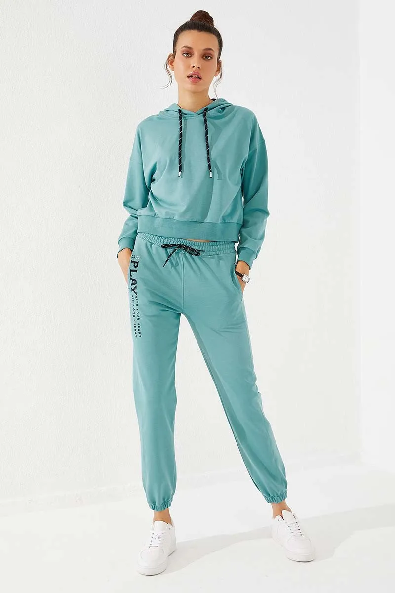 TMY Mint Green High Waisted Embroidered Comfort Fit Elastic Cuff Women's Sweatpants - 94573 - Casas Adobes