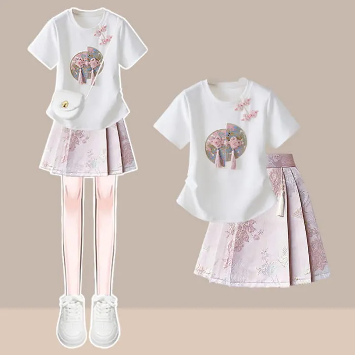Vintage Buckle Tassels T-Shirt Pleated Skirt