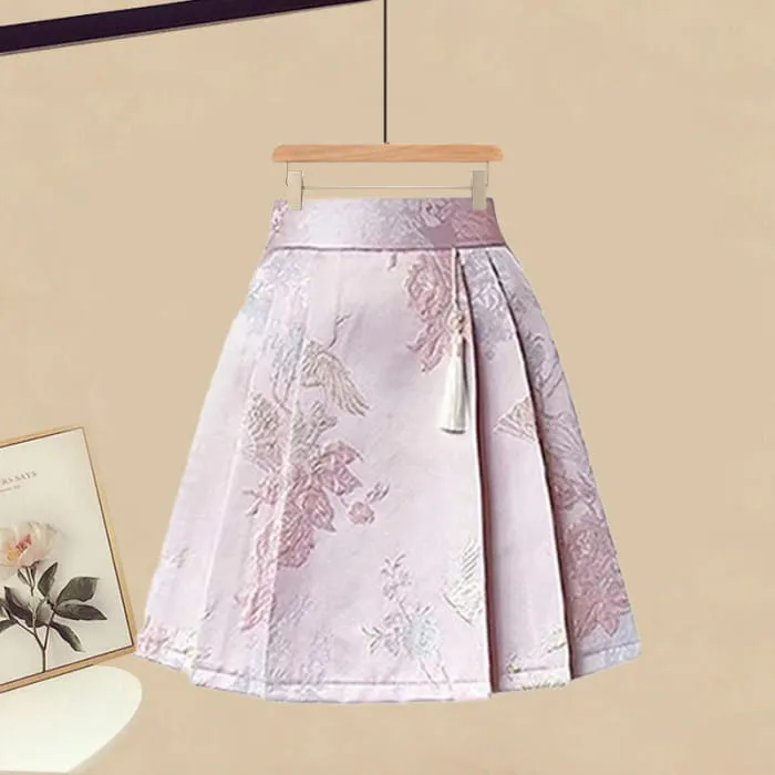 Vintage Buckle Tassels T-Shirt Pleated Skirt