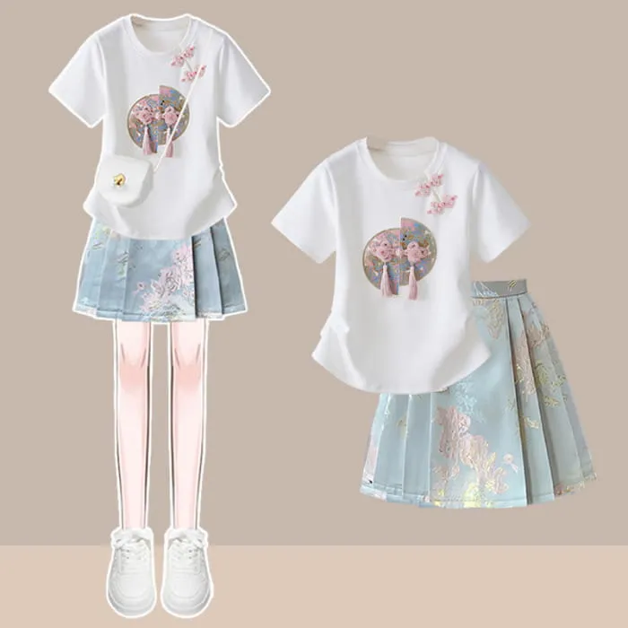 Vintage Buckle Tassels T-Shirt Pleated Skirt