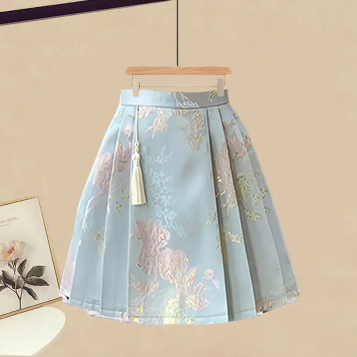 Vintage Buckle Tassels T-Shirt Pleated Skirt