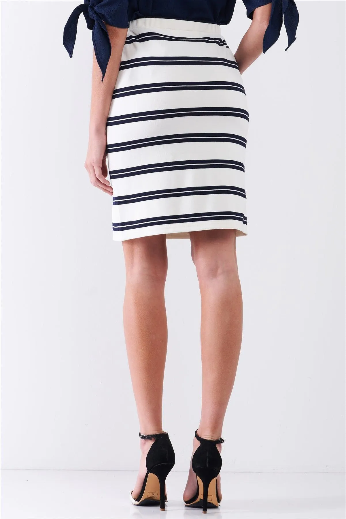 White & Navy Striped Elasticized Self-Tie High-Waist Pencil Skirt /1-2-2-1