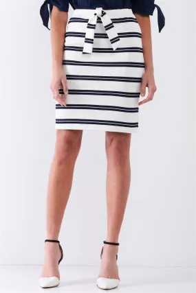 White & Navy Striped Elasticized Self-Tie High-Waist Pencil Skirt /1-2-2-1