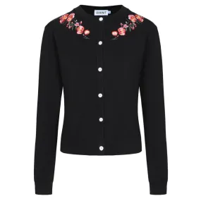 Women's black embroidered floral cardigan sweater