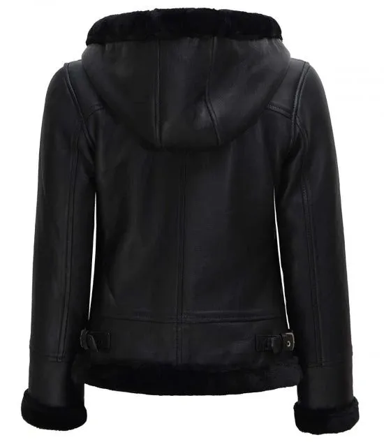 Womens Black Faux Shearling Bomber Leather Jacket with Hood