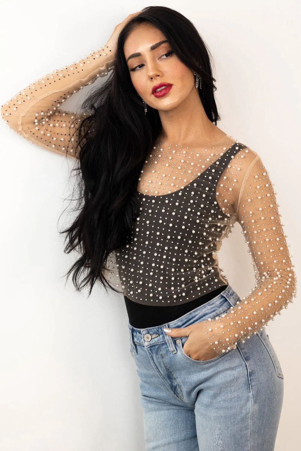 Women's Pearl and Rhinestone Detail Sheer Mesh Top