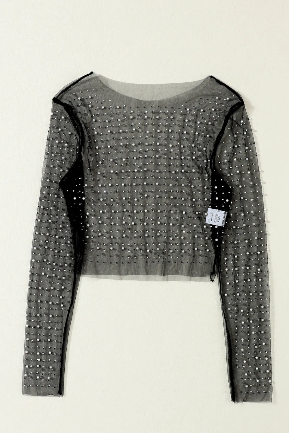 Women's Pearl and Rhinestone Detail Sheer Mesh Top