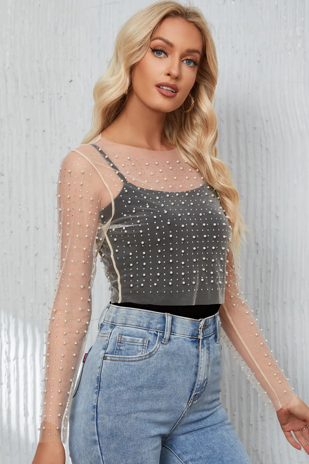 Women's Pearl and Rhinestone Detail Sheer Mesh Top