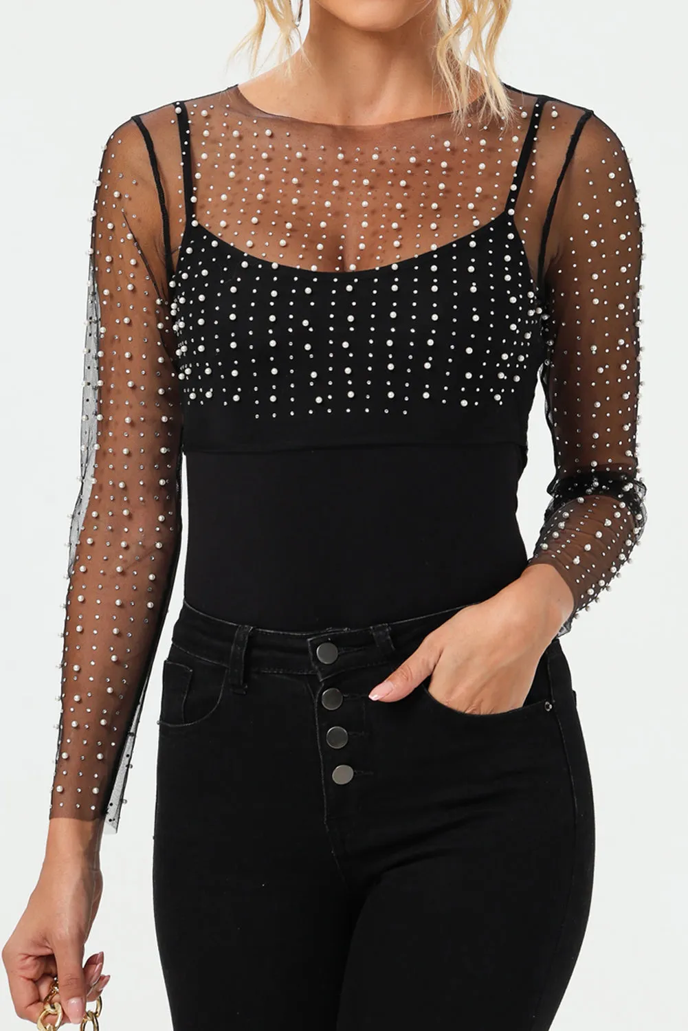 Women's Pearl and Rhinestone Detail Sheer Mesh Top
