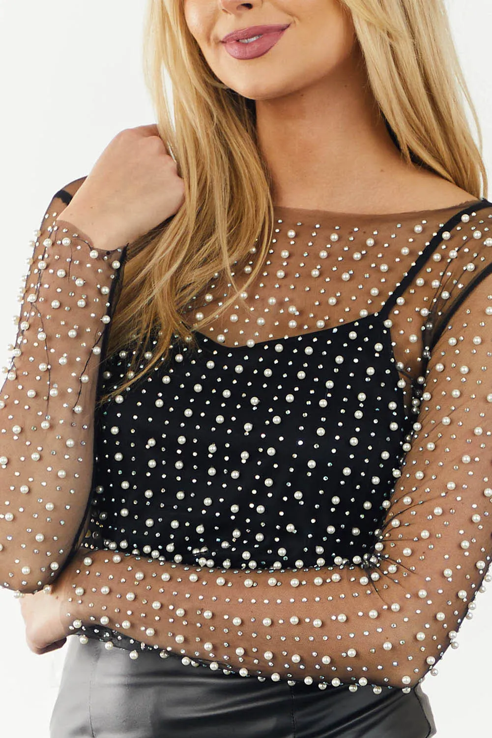 Women's Pearl and Rhinestone Detail Sheer Mesh Top