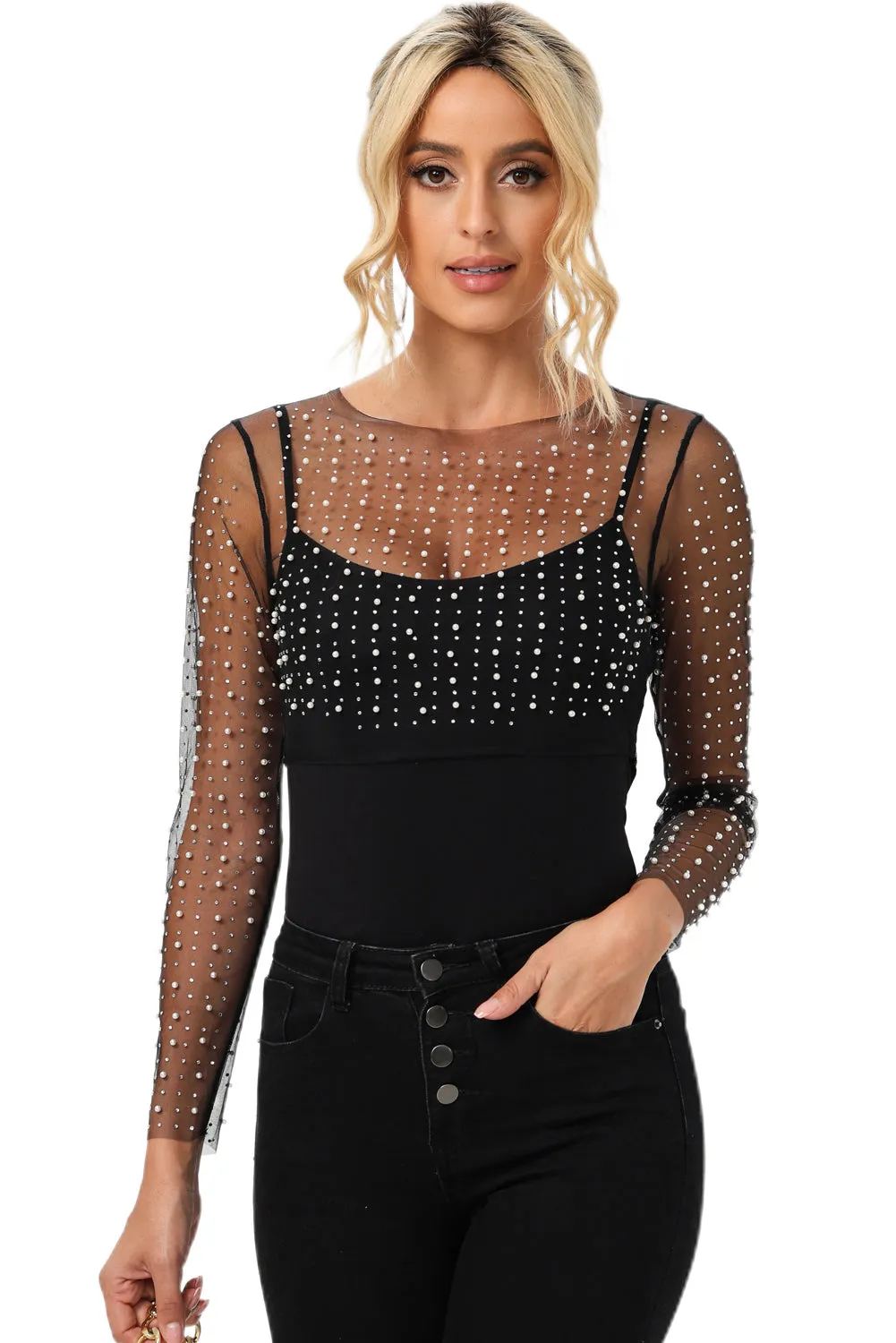 Women's Pearl and Rhinestone Detail Sheer Mesh Top