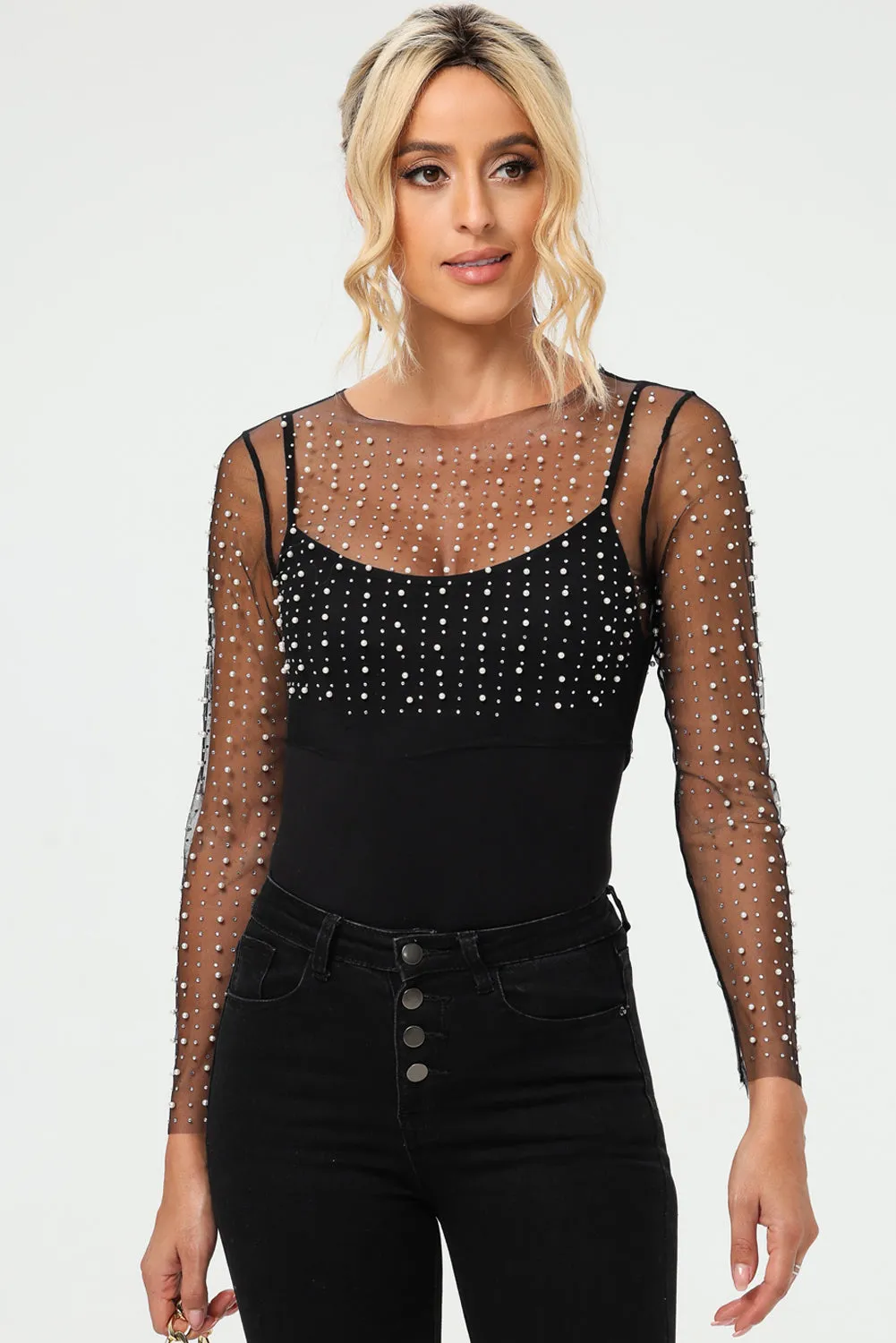 Women's Pearl and Rhinestone Detail Sheer Mesh Top