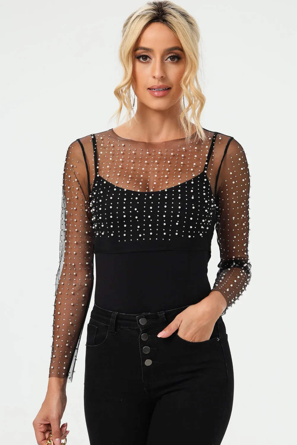 Women's Pearl and Rhinestone Detail Sheer Mesh Top