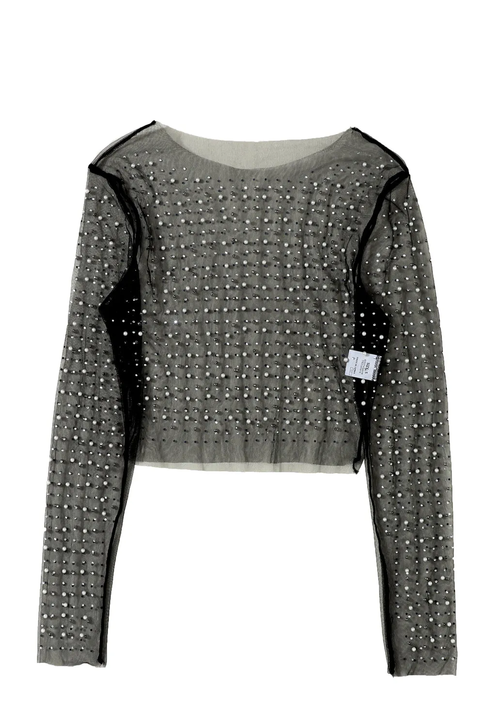 Women's Pearl and Rhinestone Detail Sheer Mesh Top