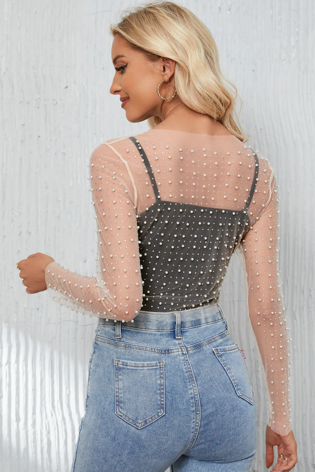 Women's Pearl and Rhinestone Detail Sheer Mesh Top