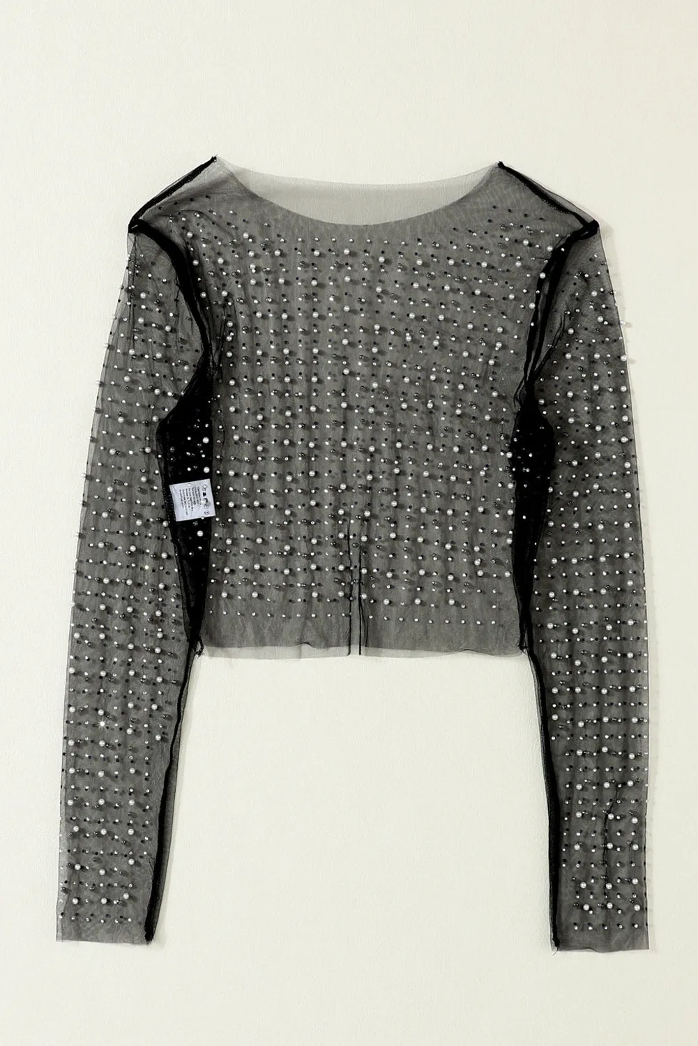 Women's Pearl and Rhinestone Detail Sheer Mesh Top
