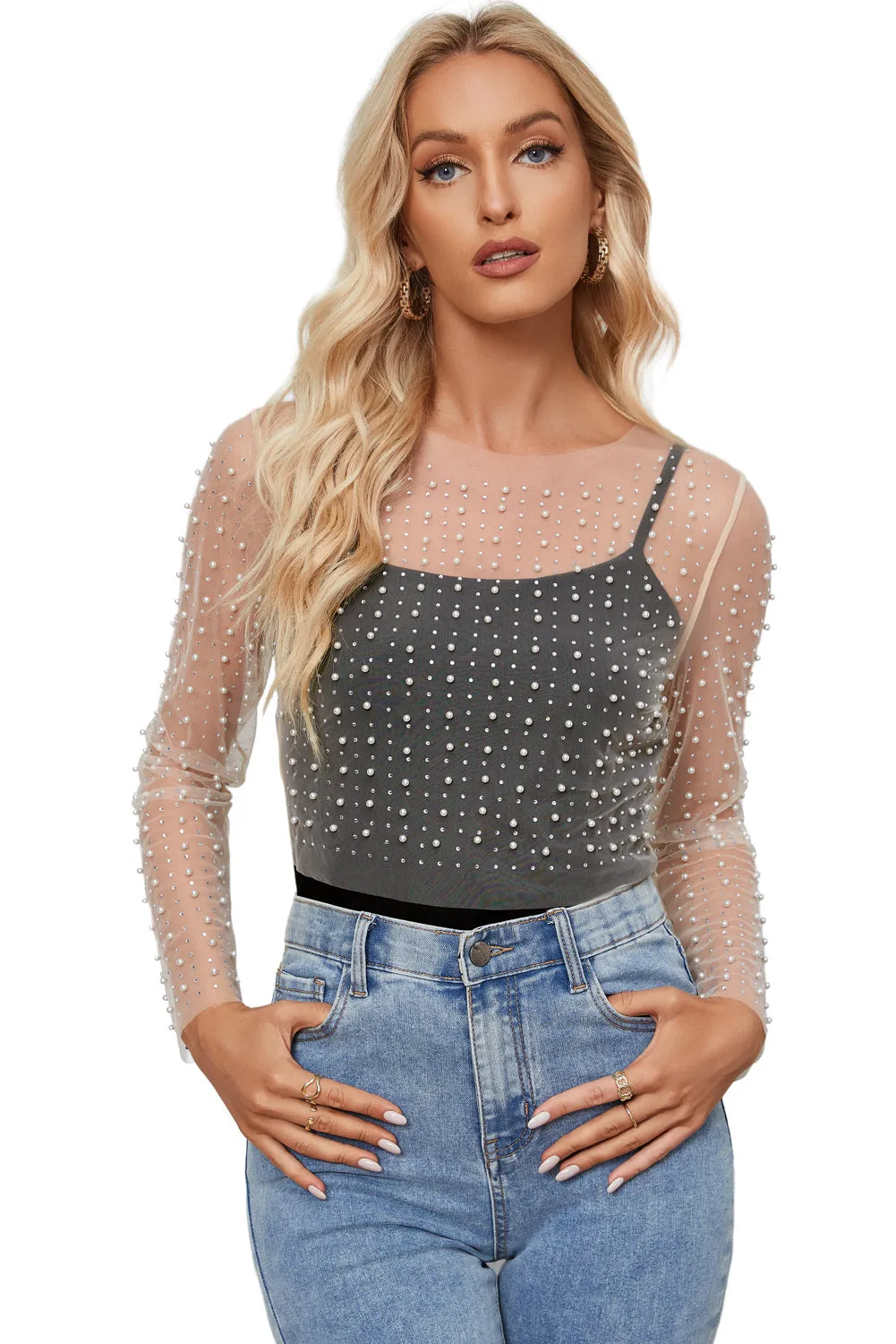 Women's Pearl and Rhinestone Detail Sheer Mesh Top