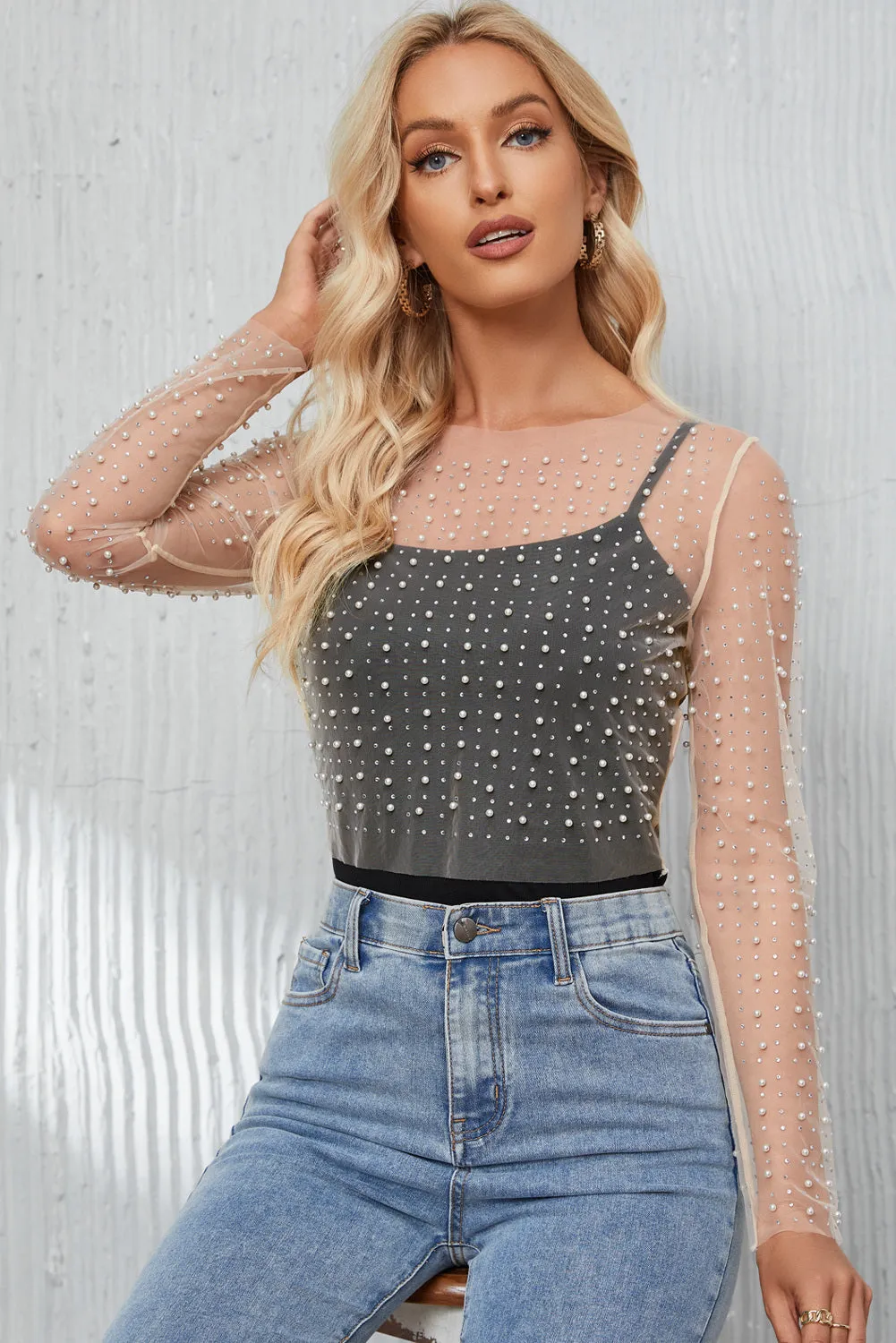 Women's Pearl and Rhinestone Detail Sheer Mesh Top