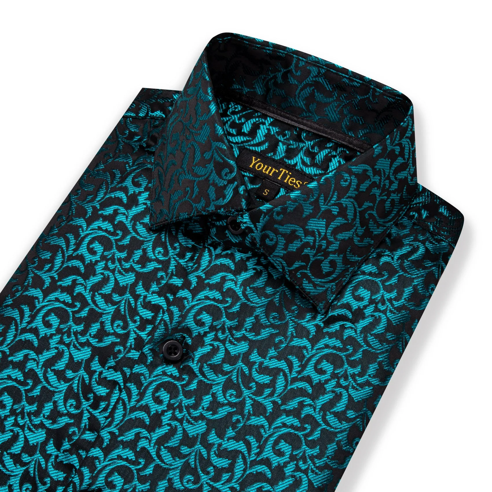 YourTies Teal Green Nile Blue Black Floral Leaf Mens Long Sleeve Shirt