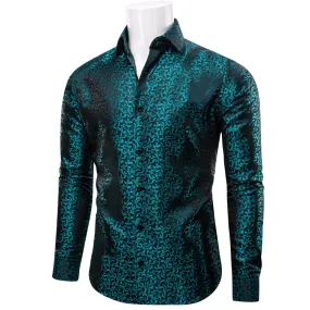 YourTies Teal Green Nile Blue Black Floral Leaf Mens Long Sleeve Shirt