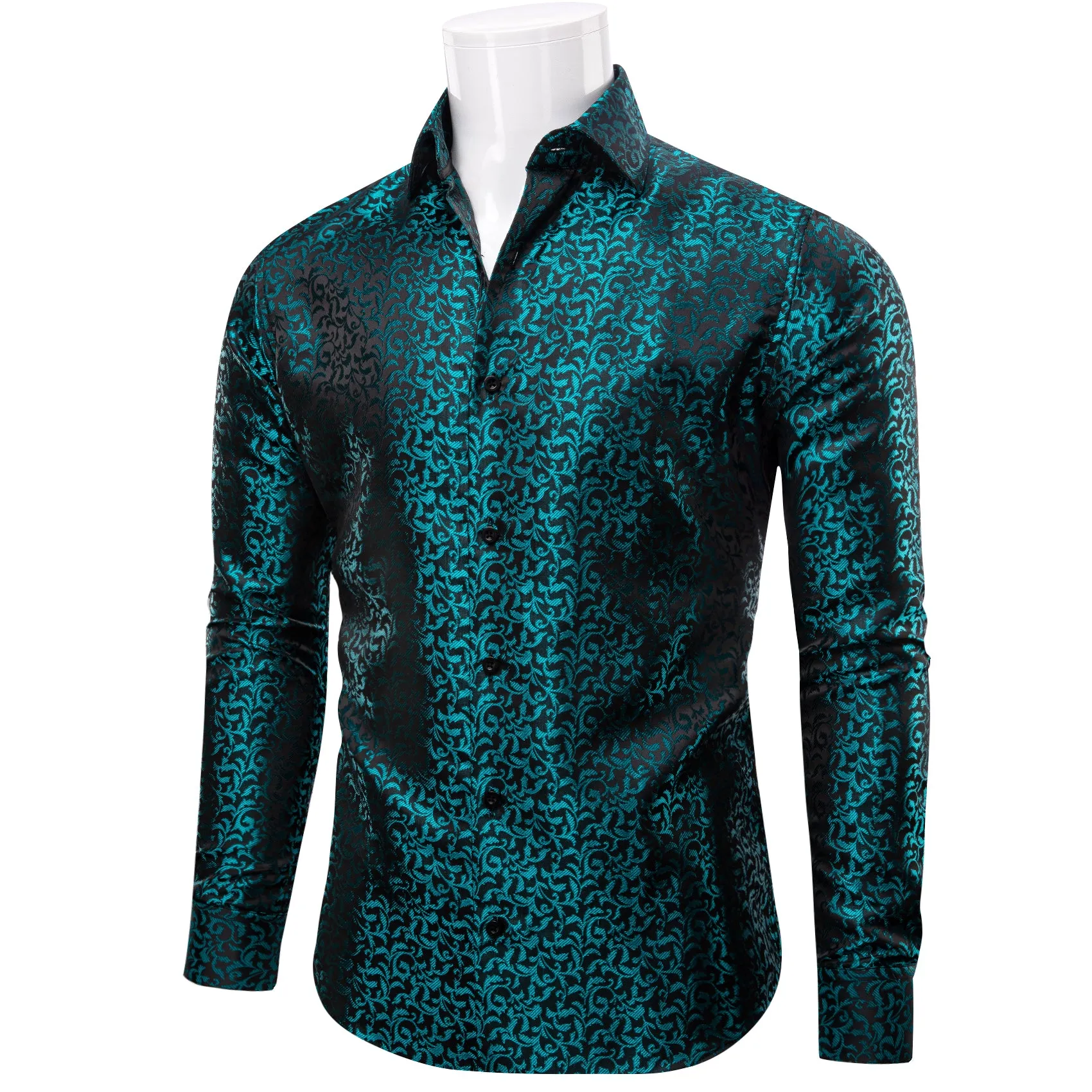 YourTies Teal Green Nile Blue Black Floral Leaf Mens Long Sleeve Shirt