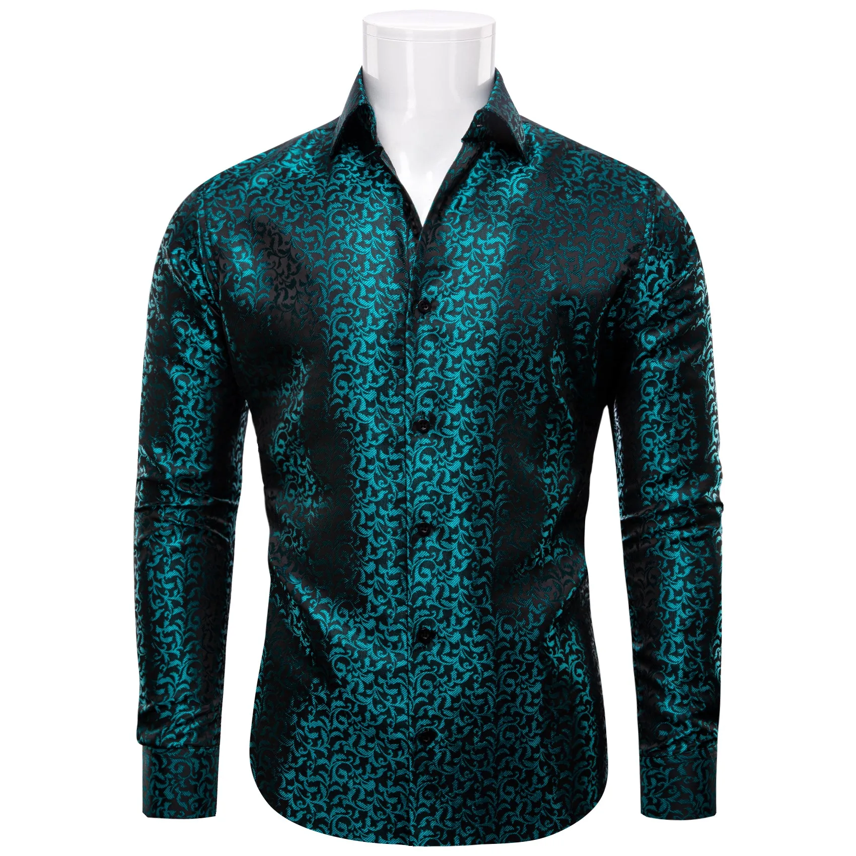 YourTies Teal Green Nile Blue Black Floral Leaf Mens Long Sleeve Shirt